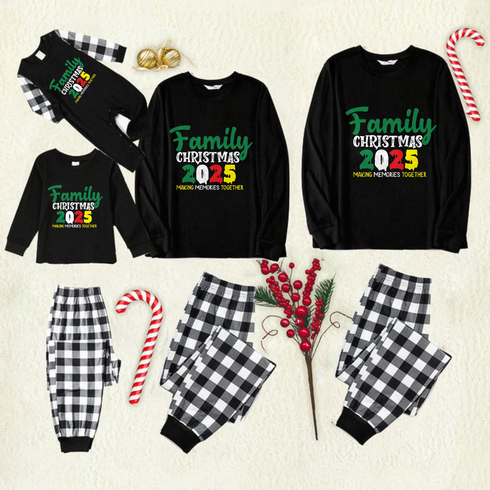 Black and White Plaid Christmas Pajamas Set With "Family Christmas 2025 Making Memories Together" Festive Colorful Text Print
