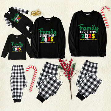 Black and White Plaid Christmas Pajamas Set With "Family Christmas 2025 Making Memories Together" Festive Colorful Text Print