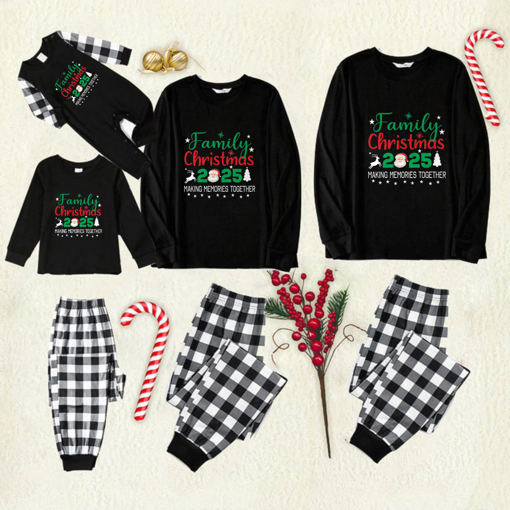 Black and White Plaid Christmas Pajamas Set With Santa and "Family Christmas 2025 Making Memories Together" Festive Colorful Text Print