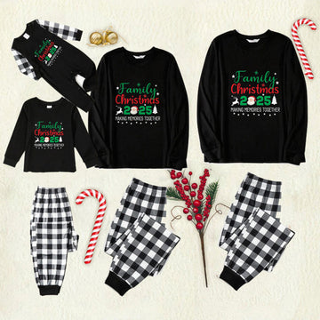 Black and White Plaid Christmas Pajamas Set With Santa and "Family Christmas 2025 Making Memories Together" Festive Colorful Text Print