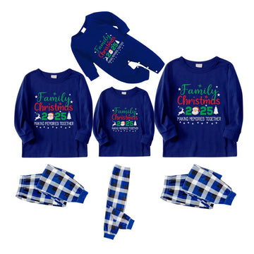 Christmas Family Matching Pajamas-Navy & White Plaid Pjs Set with "Family Christmas 2025" and Santa Pattern Print