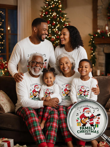 Family Matching 2026 Christmas Pajama Set | Soft 2-Piece Outfit with "Family Christmas 2026" Guitar Santa Print & Red Green Plaid Pants With Pockets