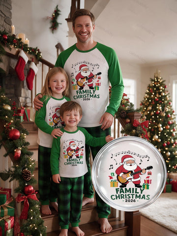 Two Piece Set Family Matching Christmas Pajamas 2026 Family Christmas Santa Play Guitar Music Note Gift Box Print Raglan Top Green Plaid Long Pants Sleepwear For Holiday Party