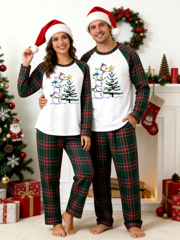 Stacked Snowmen & Christmas Tree Winter Holiday Matching Couple Pajamas
