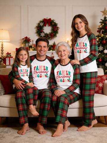 Retro Family Christmas 2026 Letter Print Red Green Plaid Matching Family Christmas Pajamas