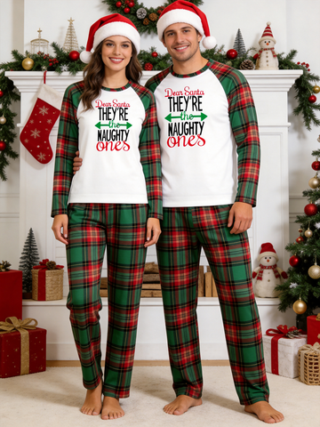 Dear Santa They Are The Naughty Ones Red Green Plaid Matching Couple Christmas Pajama Set