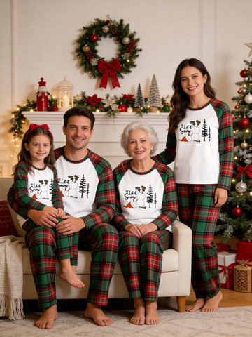 Let It Snow Cute Snowman Winter Holiday Tartan Plaid Matching Family Pajamas