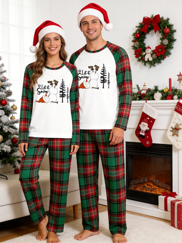 Let It Snow Cute Snowman Winter Holiday Tartan Plaid Matching Couple Pajamas