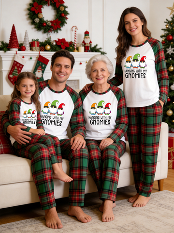 Hanging With My Gnomies Funny Gnome Red Green Plaid Matching Family Christmas Pajamas