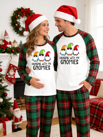 Hanging With My Gnomies Funny Gnome Red Green Plaid Matching Couple Christmas Pajamas