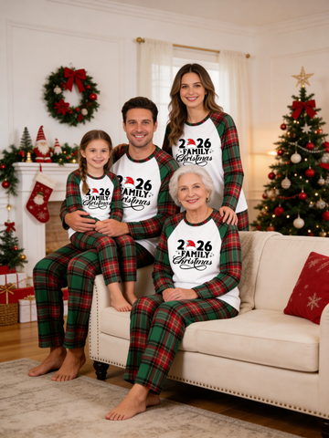2026 Family Christmas Santa Hat Print Tartan Plaid Matching Family PJs Holiday Sleepwear