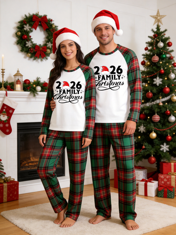 2026 Couple Christmas Santa Hat Print Tartan Plaid Matching Couple PJs Holiday Sleepwear