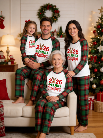 Cute Reindeer 2026 Family Christmas Plaid Matching Holiday Pajama Set