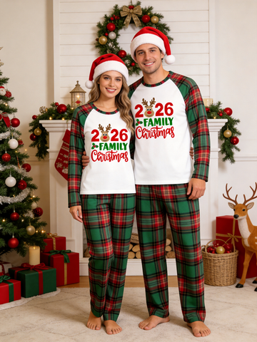 Cute Reindeer 2026 Couple Christmas Plaid Matching Holiday Pajama Set