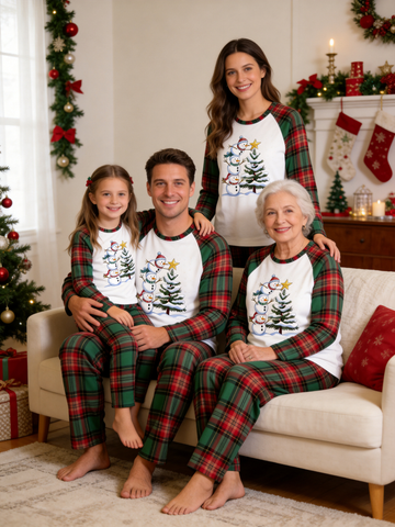 Stacked Snowmen & Christmas Tree Winter Holiday Tartan Plaid Matching Family Pajamas