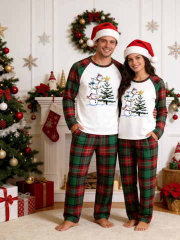 Stacked Snowmen & Christmas Tree Winter Holiday Tartan Plaid Matching Couple Pajamas