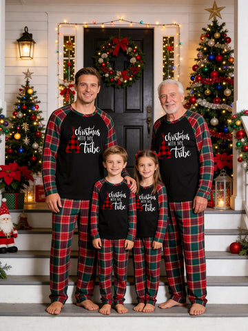 Christmas Family Green and Red Plaid Pajamas Set Black Ground with 'Christmas with My Tribe' Buffalo Check Teepee Graphic Print and