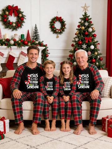 Christmas Family Green and Red Plaid Pajamas Set Black Ground with 'JESUS IS THE REASON FOR THE SEASON' Candy Cane Religious Print