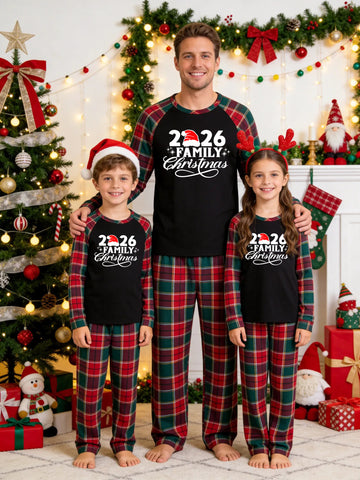 Christmas Family Green and Red Plaid Pajamas Set Black Ground with '2026 FAMILY Christmas' Santa Hat Typographic Print and Tartan Plaid Holiday