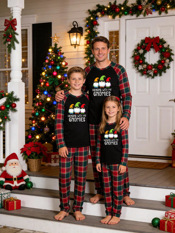 Christmas Family Green and Red Plaid Pajamas Set Black Ground with 'HANGING WITH MY GNOMIES' Sunglasses Gnomes Print