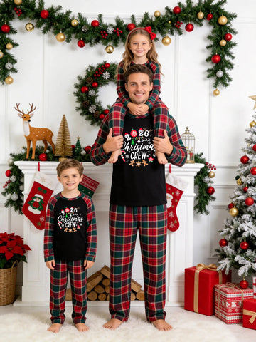 Christmas Family Green and Red Plaid Pajamas Set Black Ground with '2026 Christmas CREW' Gingerbread Men and Reindeer Print