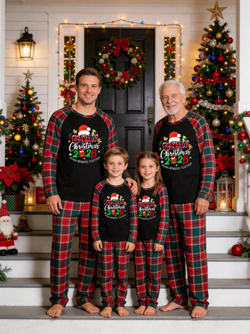 Christmas Family Green and Red Plaid Pajamas Set Black Ground with 'FAMILY Christmas 2026' Red Buffalo Plaid Typographic Print Tartan Plaid