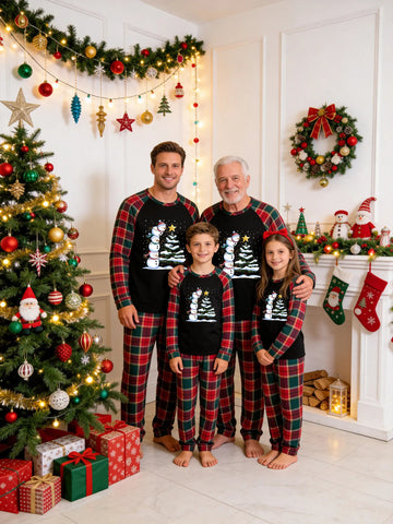 Christmas Family Green and Red Plaid Pajamas Set Black Ground with Stacking Three Cute Snowmen and Decorated Star Christmas Tree Print Red Green Tartan Plaid Matching Set