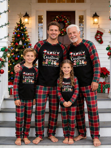 Christmas Family Green and Red Plaid Pajamas Set Black Ground with 'FAMILY Christmas 2026 Making Memories Together' Snowman and Gift Box Print