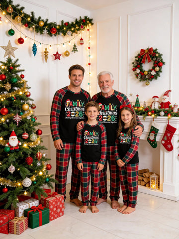 Christmas Family Green and Red Plaid Pajamas Set Black Ground with 'FAMILY Christmas 2026' Santa Belt and Snowflakes Graphic Print Red Green Tartan Plaid Matching