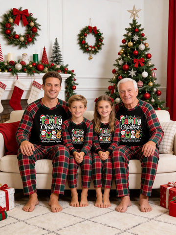 Christmas Family Green and Red Plaid Pajamas Set Black Ground with 'FAMILY Christmas 2026' Santa Claus Snowman and Reindeer Print Tartan Plaid Matching Set