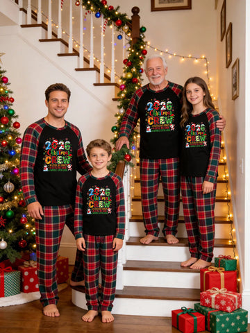 Christmas Family Green and Red Plaid Pajamas Set Black Ground with '2026 Christmas CREW A Little Bit Crazy A Little Bit Loud' Festive Graphic Print Tartan Plaid