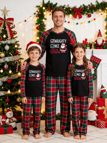 Christmas Family Green and Red Plaid Pajamas Set Black Ground with 'NAUGHTY NICE I'M DRUNK' Checkbox and Santa Claus Funny Graphic Print