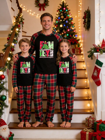Christmas Family Green and Red Plaid Pajamas Set Black Ground with 'FAMILY Christmas 2026' Decorated Tree and Starry Holiday Graphic Print