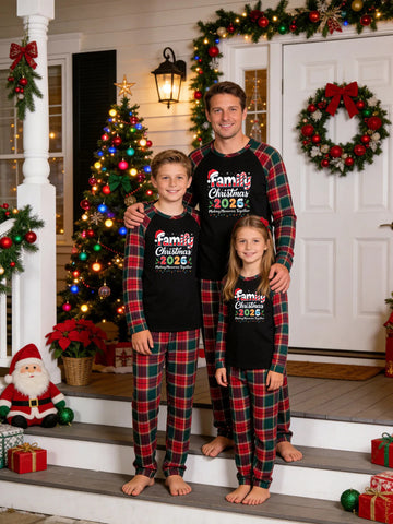 Christmas Family Green and Red Plaid Pajamas Set Black Ground with 'Family Christmas 2026' Candy Cane and Santa Hat Print Red Green Tartan Plaid