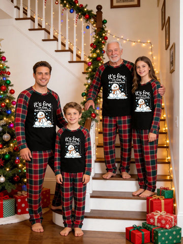 Christmas Family Green and Red Plaid Pajamas Set Black Ground with 'It's fine I'm fine everything is fine' Funny Melting Snowman Print
