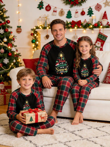 Christmas Family Green and Red Plaid Pajamas Set Black Ground with 'Jesus Is The Reason For The Season ISAIAH 9:6' Christmas Tree Shape Print