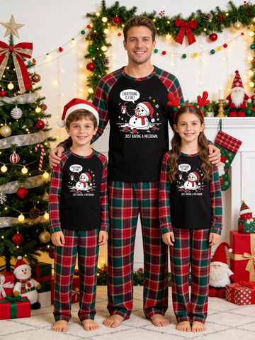 Christmas Family Green and Red Plaid Pajamas Set Black Ground with 'EVERYTHING IS FINE! JUST HAVING A MELTDOWN.' Coffee Drinking Melting Snowman