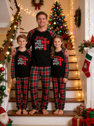 Christmas Family Green and Red Plaid Pajamas Set Black Ground with 'Jesus Is The Reason For The Season' Red Buffalo Check Cross Religious Print