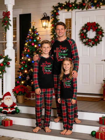 Christmas Family Green and Red Plaid Pajamas Set Black Ground with 'Jesus Is The Reason For The Season' Red Green Typographic Cross Print