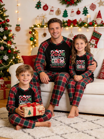 Christmas Family Green and Red Plaid Pajamas Set Black Ground with '2026 Christmas CREW A Little Bit Crazy A Whole Lotta Love' Festive Print
