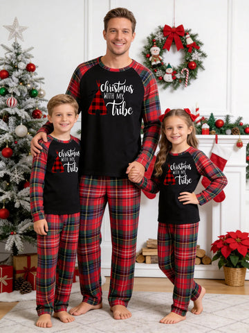 Christmas Long Sleeve Family Matching Pajamas Set With 'Christmas WITH MY TRIBE' Red Plaid Teepee Graphic Print Red Plaid Matching Pajamas