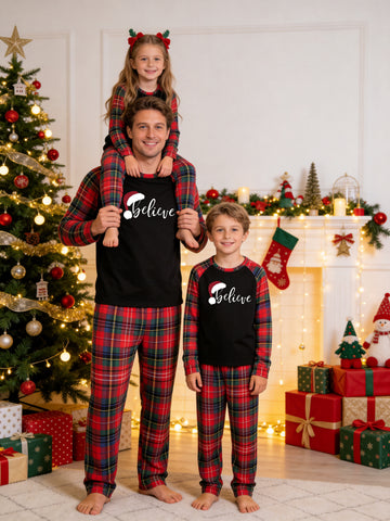 Christmas Long Sleeve Family Matching Pajamas Set With 'Believe' Santa Hat Typography Print Royal Stewart Red Plaid Set