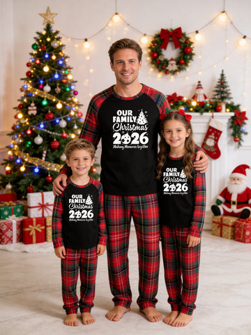Christmas Long Sleeve Family Matching Pajamas Set With 'OUR FAMILY Christmas 2026' Starry Tree Print Red Plaid Matching Set