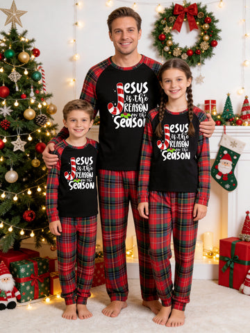 Christmas Long Sleeve Family Matching Pajamas Set With 'JESUS is the REASON for the Season' Candy Cane J Print Red Plaid Set