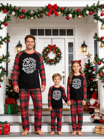 Christmas Long Sleeve Family Matching Pajamas Set With 'MAKING MEMORIES Family CHRISTMAS 2026' Tropical Palm Trees Print Red Plaid Set