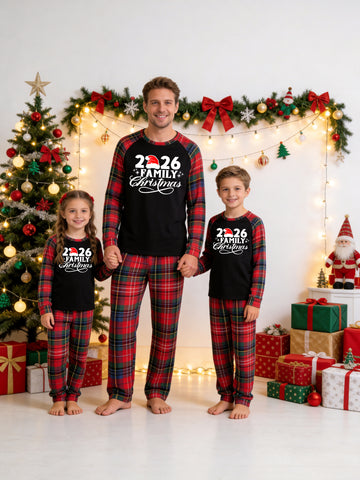 Christmas Long Sleeve Family Matching Pajamas Set With '2026 FAMILY Christmas' Red Santa Hat Print Red Plaid Matching Pajamas