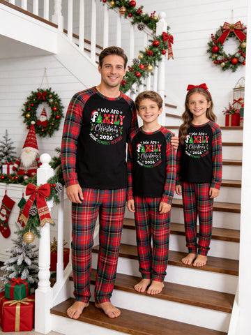Christmas Long Sleeve Family Matching Pajamas Set With 'We Are FAMILY Christmas 2026' Festive Elements Print Red Plaid Pajamas