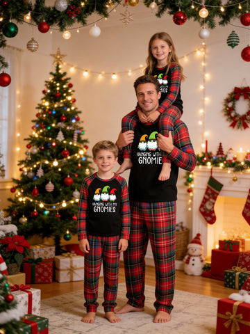 Christmas Long Sleeve Family Matching Pajamas Set With 'HANGING WITH MY GNOMIES' Three Cool Sunglasses Gnomes Graphic Print Red Plaid Set