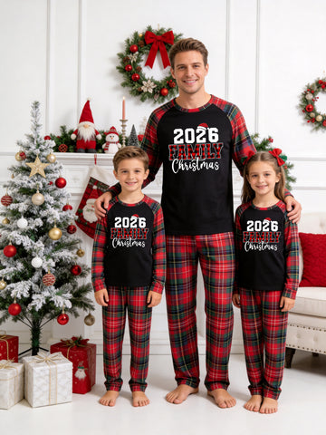 Christmas Long Sleeve Family Matching Pajamas Set With '2026 FAMILY Christmas' Red Plaid Pattern Lettering Print Red Plaid Set