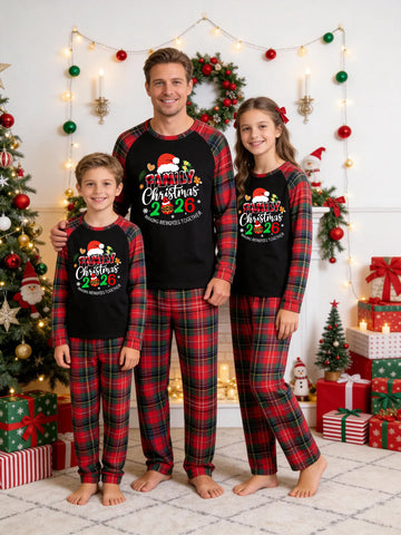 Christmas Long Sleeve Family Matching Pajamas Set With 'FAMILY Christmas 2026' Red Plaid Letters Santa Hat and Gingerbread Man Print Red Plaid Matching Pajamas